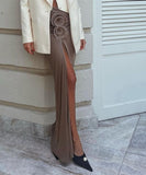 High Waisted Slit Pleated Flower Decorated Half Length Dress