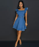 Blue Denim Casual Fitted Dress with Collect Waist Design