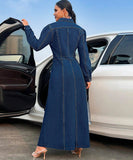Women's Denim Long Sleeve Coat Style Dress with Button Closure