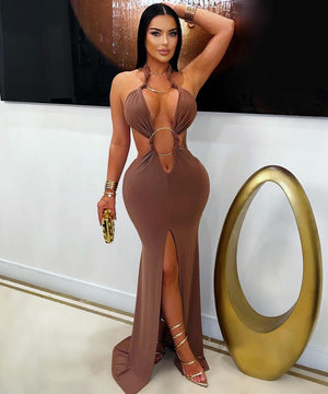 Off-The-Shoulder Fish-Tail Slit Dress With Cutout Design Sleek Evening Silhouette