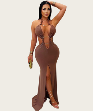 Off-The-Shoulder Fish-Tail Slit Dress With Cutout Design Sleek Evening Silhouette