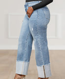 Blue Washed Long Jeans With Outward-Folded Cuffs For Comfort