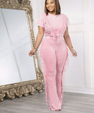 Solid Color Short Sleeve Stretch Fringed Clothing Set