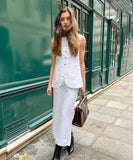 Chic White Square Neck Sleeveless Vest and High-Waisted Skirt Set