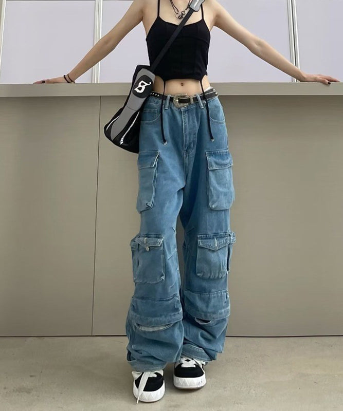 High Waisted Denim Trousers with Flip-Top Pocket for Women