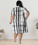 Plus Size Checkered Shirt Dress Short Sleeve Cowl Neck Polyester