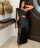 Asymmetric Single Shoulder Fringed Long Dress in Black Gold Blue
