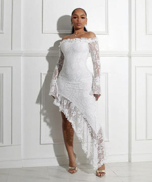 Elegant Strapless Long Dress with Irregular Hem and Boat Neck