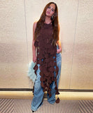 Sexy Sleeveless Backless Sheer Long Dress in Brown Black Rose