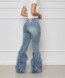 Fashionable Denim Jeans with Beaded and Fur Detailing