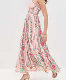 Beaded Halter Neck Sleeveless Pink Printed Dress for Party