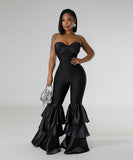Stylish Sexy Top Solid Color Pleated Lace Jumpsuit for Elegant Nights
