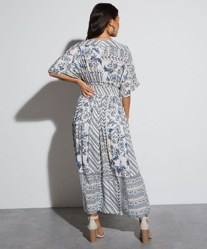 Printed V-Neck Short Sleeve Dress