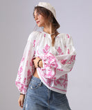 Loose Floral Embroidered Long Sleeve Shirt Viscose Blend