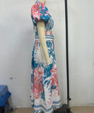 Casual Long Printed Dress with Cinched Waist in Blue