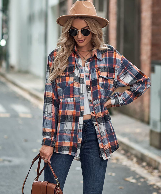 Collared Long Sleeve Pocket Casual Check Shirt Polyester