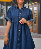 Plus Size Denim Cowl Neck Short Sleeve Puffy Skirt Dress