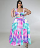 Plaid Sleeveless Blazer With Wide Skirt Set In Vibrant Colors