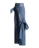 Aged Patchwork Bow Wide Leg Denim Pants for Stylish Comfort