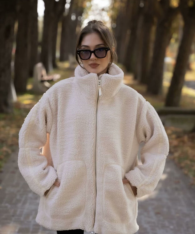 Solid Color Lambskin High Neck Woolen Coat Beige Warm