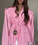 Classic Waist Cinching Belted Padded-Shoulder Jacket