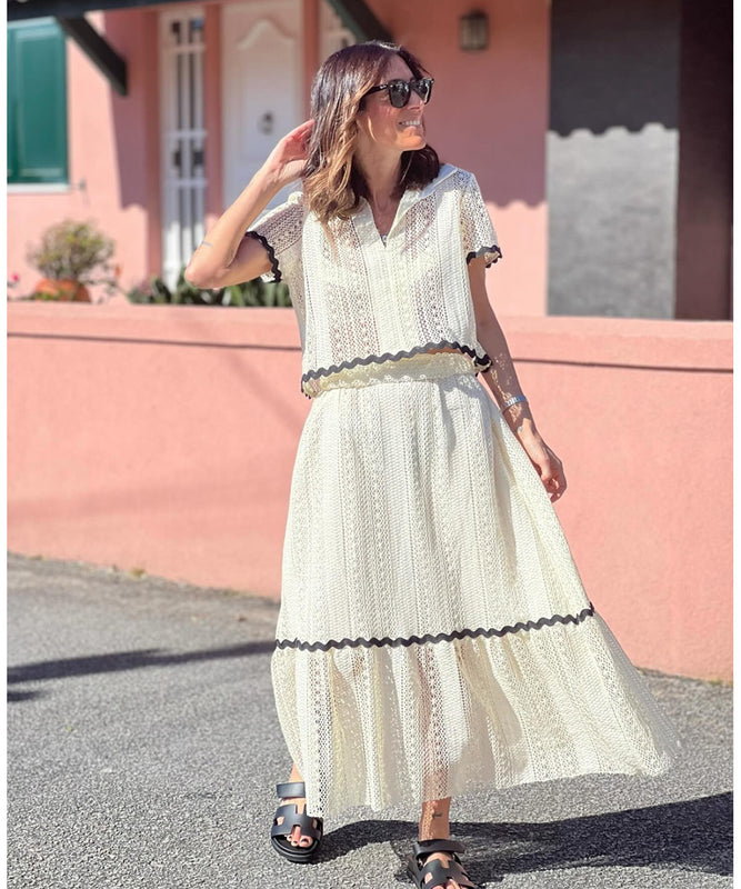 Leisure Shirt With Lace Collar And Long Skirt Set White