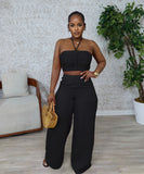 Chic Two-Piece Set with Tie-Up Top and High-Waisted Trousers