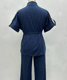 Casual Workwear Drawstring Shirt And Trousers Set Navy