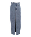 High Waisted Denim Skirt With Slit Full Skirt Deep Blue
