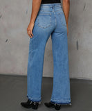 Women Distressed Denim Patchwork Wide Leg Pants Blue