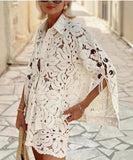 Beige Lace Blouse And Shorts Set Open Neck Long Sleeves