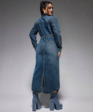Stylish Denim Long Dress with Slit and Button-Down Collar