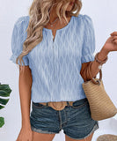 Chic V-Neck Puffed Sleeve Jacquard Casual Loose T-Shirt