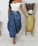 Loose Straight Leg Jeans With Drawstring Tie And Bow Detail