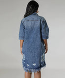 Denim Dress With Frayed Hem And Fringed Sleeves