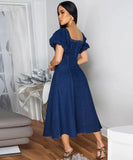 Deep Blue Denim U Neck Long Sleeve Dress for Effortless Style