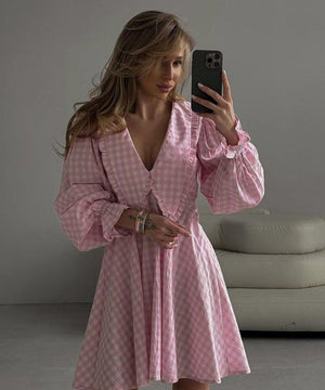 Charming Pink Plaid Dress with Butterfly Collar and Long Sleeves