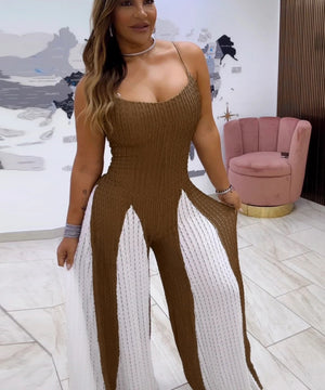 Sexy Sheer Wide-Leg Knitted Halter Top Color-Block Pants