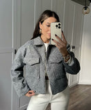 Short Loose Wool Coat Pearl Trim Casual Polyester Gray