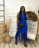 Solid Color Sleeveless Fringed Dress in Deep Pink Black Blue
