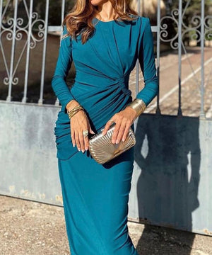 Peacock Blue Womens High Waisted Long Sleeve Dress