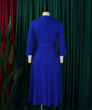 Collared Fashionable Solid Color Long Sleeved Dress With Large Skirt and Belt