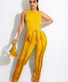 Sash Belt Pants and Sleeveless Fringe Top Set Bold Colors