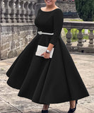 Solid Color A Line Evening Dress Long Sleeve With Belt Available in Pink Green Rose Red White and Black