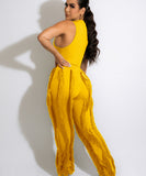 Sash Belt Pants and Sleeveless Fringe Top Set Bold Colors
