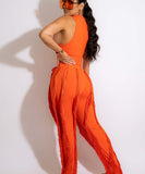 Sash Belt Pants and Sleeveless Fringe Top Set Bold Colors