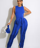 Sash Belt Pants and Sleeveless Fringe Top Set Bold Colors