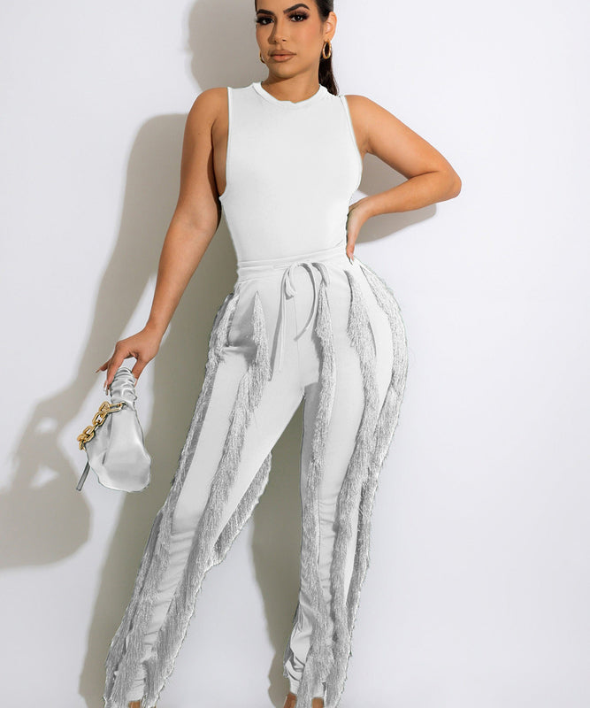 Sash Belt Pants and Sleeveless Fringe Top Set Bold Colors