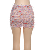 Women's Striped Fringed Short Skirt with Flared Hem