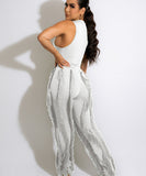Sash Belt Pants and Sleeveless Fringe Top Set Bold Colors